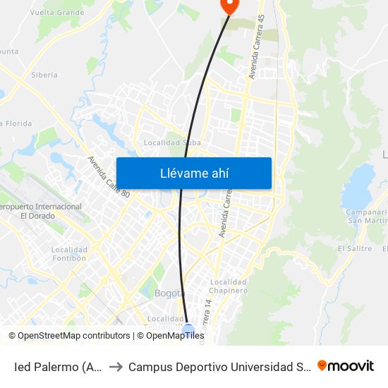 Ied Palermo (Ak 24 - Cl 49) to Campus Deportivo Universidad Santo Tomás De Aquino map