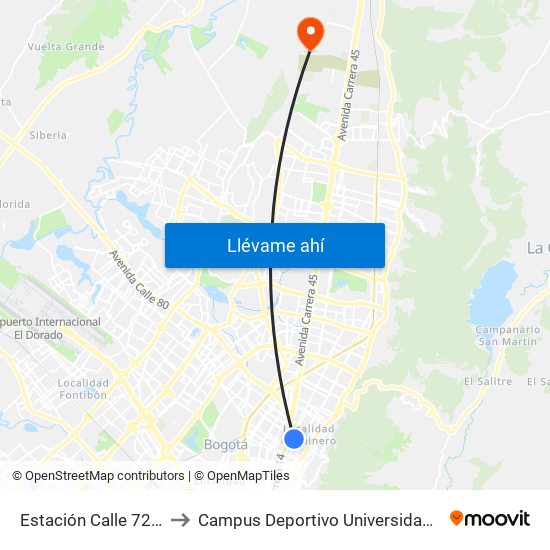 Estación Calle 72 (Ac 72 - Kr 13) to Campus Deportivo Universidad Santo Tomás De Aquino map