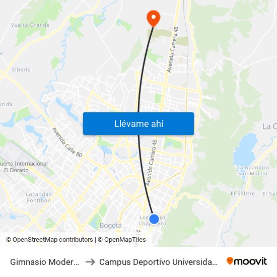 Gimnasio Moderno (Kr 9 - Cl 76) to Campus Deportivo Universidad Santo Tomás De Aquino map