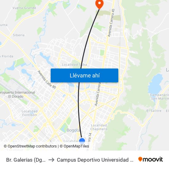 Br. Galerías (Dg 53c - Ak 24) to Campus Deportivo Universidad Santo Tomás De Aquino map