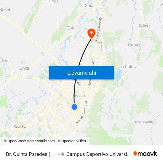 Br. Quinta Paredes (Av. Esperanza - Kr 44a) to Campus Deportivo Universidad Santo Tomás De Aquino map