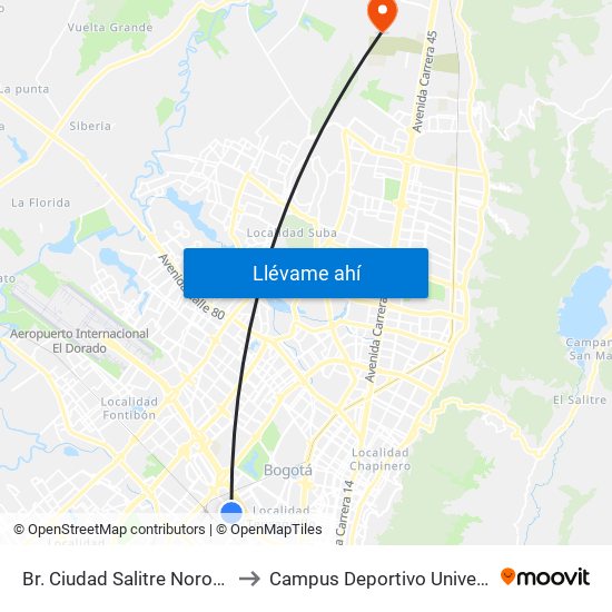 Br. Ciudad Salitre Nororiental (Av. Esperanza - Kr 57) to Campus Deportivo Universidad Santo Tomás De Aquino map