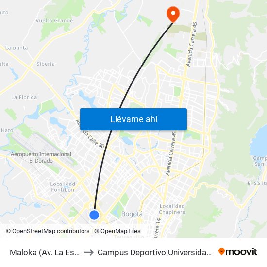 Maloka (Av. La Esperanza - Kr 69) to Campus Deportivo Universidad Santo Tomás De Aquino map