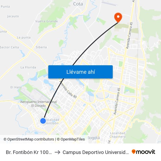 Br. Fontibón Kr 100 (Kr 100 - Cl 20) (A) to Campus Deportivo Universidad Santo Tomás De Aquino map