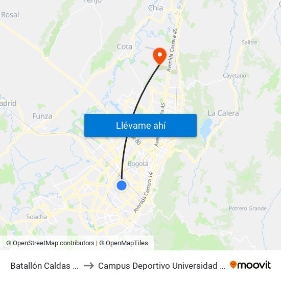 Batallón Caldas (Ak 50 - Cl 15) to Campus Deportivo Universidad Santo Tomás De Aquino map