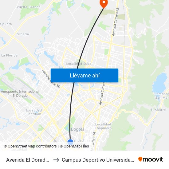 Avenida El Dorado (Ak 50 - Ac 26) to Campus Deportivo Universidad Santo Tomás De Aquino map