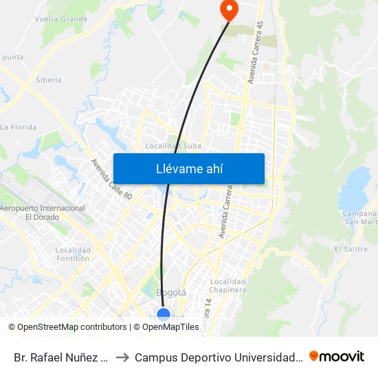 Br. Rafael Nuñez (Ak 50 - Cl 44f) to Campus Deportivo Universidad Santo Tomás De Aquino map