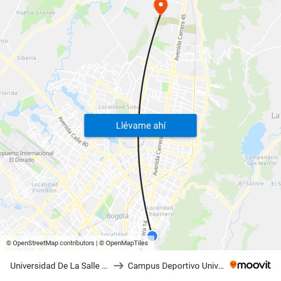 Universidad De La Salle Sede Chapinero (Kr 4 - Cl 58 Bis) to Campus Deportivo Universidad Santo Tomás De Aquino map