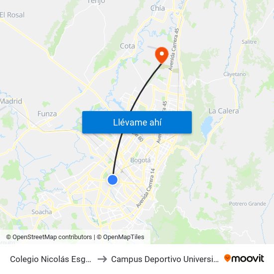 Colegio Nicolás Esguerra (Ak 68 - Cl 9) (B) to Campus Deportivo Universidad Santo Tomás De Aquino map