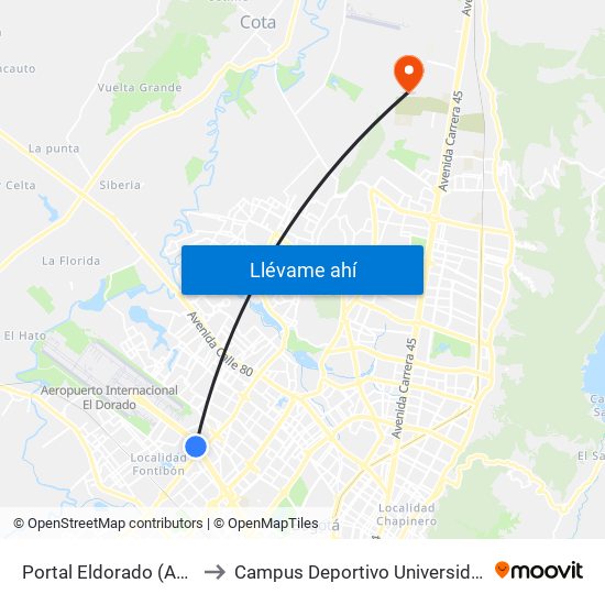 Portal Eldorado (Ac 26 - Av. C. De Cali) to Campus Deportivo Universidad Santo Tomás De Aquino map