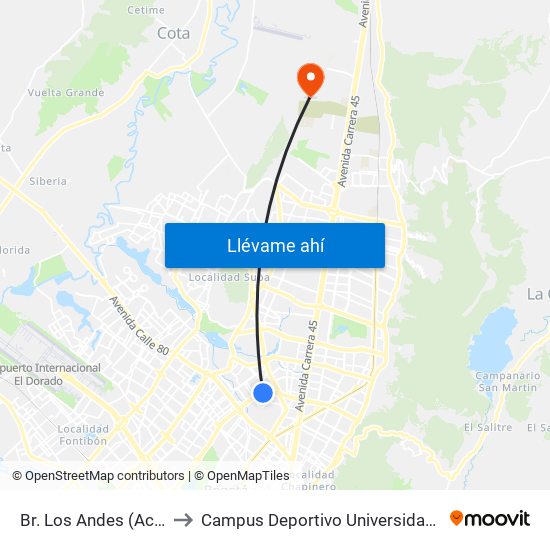 Br. Los Andes (Ac 100 - Kr 66) (B) to Campus Deportivo Universidad Santo Tomás De Aquino map