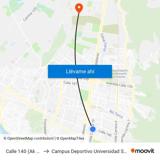 Calle 140 (Ak 19 - Cl 138) to Campus Deportivo Universidad Santo Tomás De Aquino map