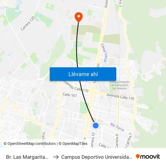 Br. Las Margaritas (Ak 19 - Cl 150) to Campus Deportivo Universidad Santo Tomás De Aquino map