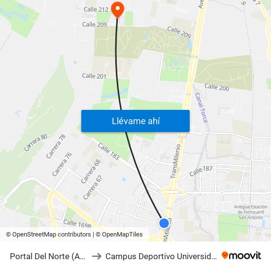 Portal Del Norte (Auto Norte - Cl 174a) to Campus Deportivo Universidad Santo Tomás De Aquino map