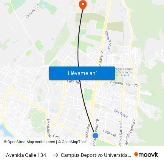 Avenida Calle 134 (Ak 19 - Ac 134) to Campus Deportivo Universidad Santo Tomás De Aquino map