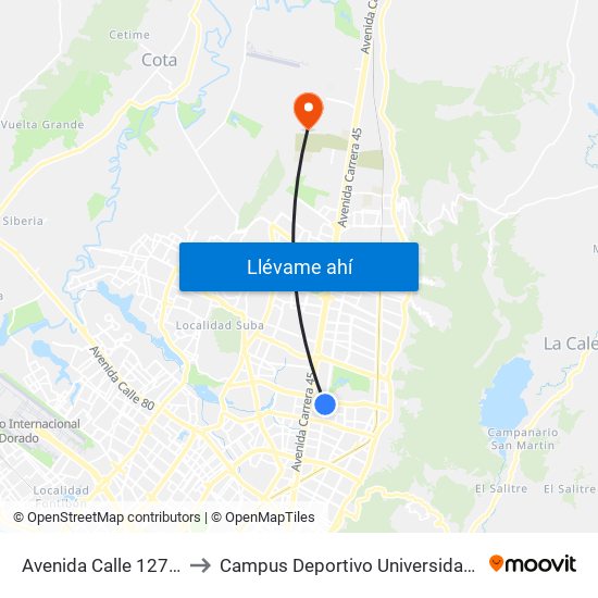 Avenida Calle 127 (Ak 19 - Cl 126) to Campus Deportivo Universidad Santo Tomás De Aquino map