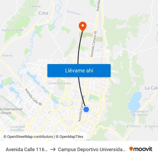 Avenida Calle 116 (Ak 19 - Cl 114) to Campus Deportivo Universidad Santo Tomás De Aquino map