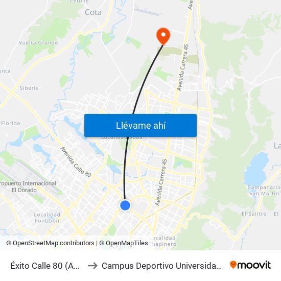 Éxito Calle 80 (Ak 68 - Ac 80) (A) to Campus Deportivo Universidad Santo Tomás De Aquino map