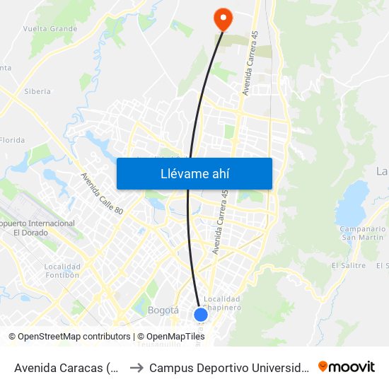 Avenida Caracas (Cl 66 - Av. Caracas) to Campus Deportivo Universidad Santo Tomás De Aquino map