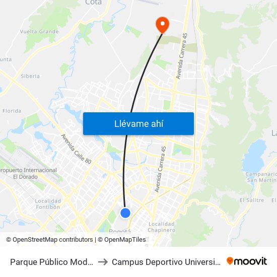 Parque Público Modelo (Ac 68 - Kr 57) (A) to Campus Deportivo Universidad Santo Tomás De Aquino map