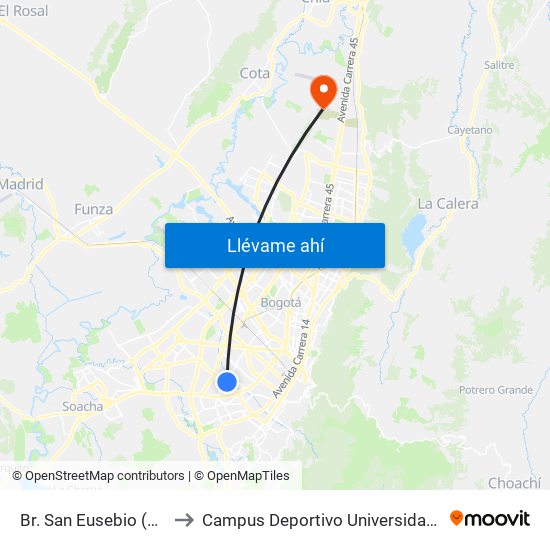 Br. San Eusebio (Ak 50 - Cl 22 Sur) to Campus Deportivo Universidad Santo Tomás De Aquino map