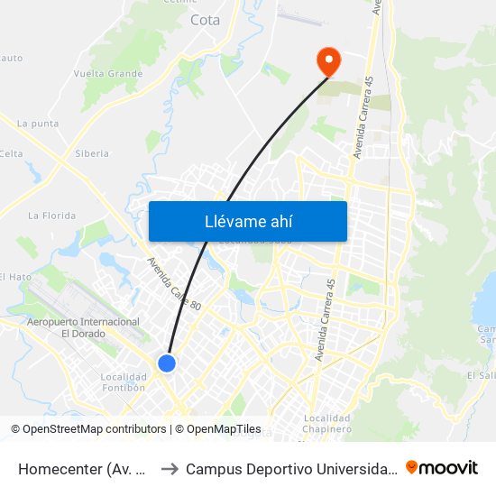 Homecenter (Av. C. De Cali - Cl 52a) to Campus Deportivo Universidad Santo Tomás De Aquino map