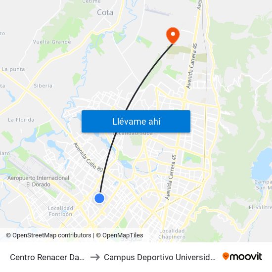 Centro Renacer Dabs (Kr 77a - Cl 64j) to Campus Deportivo Universidad Santo Tomás De Aquino map