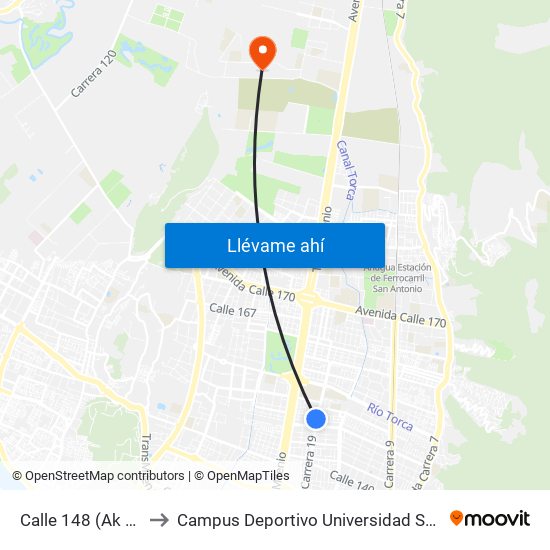 Calle 148 (Ak 19 - Cl 148) to Campus Deportivo Universidad Santo Tomás De Aquino map