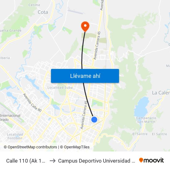 Calle 110 (Ak 15 - Cl 110) (A) to Campus Deportivo Universidad Santo Tomás De Aquino map