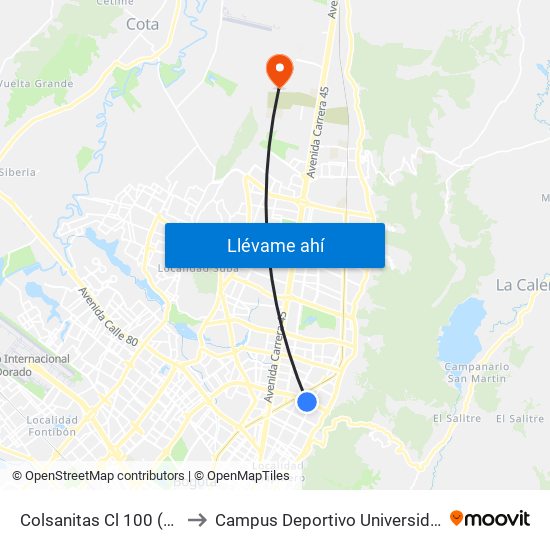 Colsanitas Cl 100 (Ac 100 - Kr 11b) (A) to Campus Deportivo Universidad Santo Tomás De Aquino map