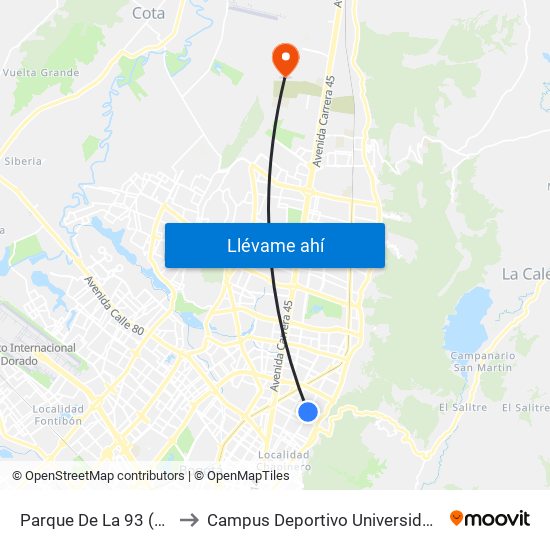 Parque De La 93 (Ak 11 - Cl 93a) (A) to Campus Deportivo Universidad Santo Tomás De Aquino map