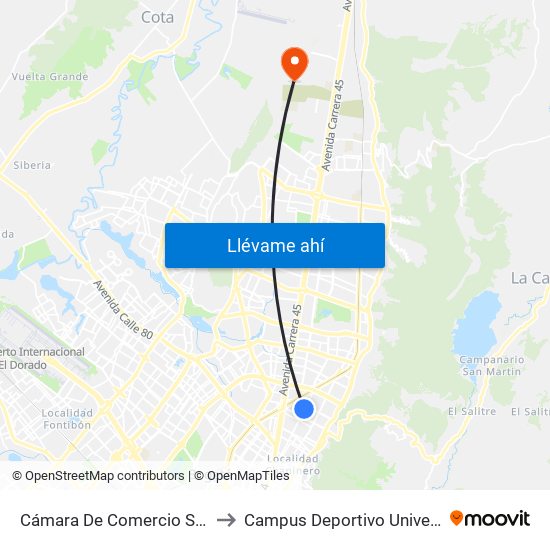 Cámara De Comercio Sede Norte (Ak 15 - Cl 93a) (B) to Campus Deportivo Universidad Santo Tomás De Aquino map