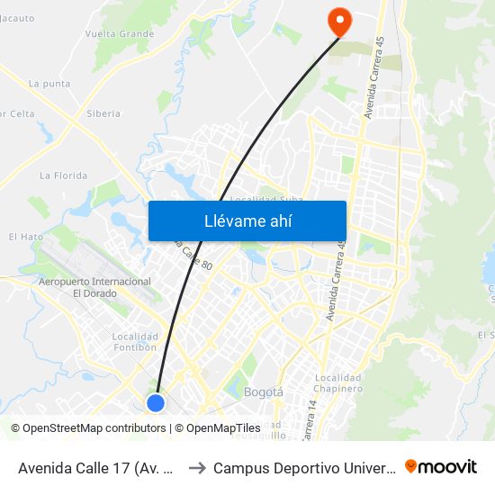 Avenida Calle 17 (Av. Boyacá - Av. Centenario) (A) to Campus Deportivo Universidad Santo Tomás De Aquino map