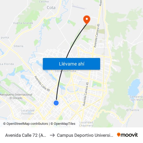 Avenida Calle 72 (Av. Boyacá - Ac 72) (A) to Campus Deportivo Universidad Santo Tomás De Aquino map