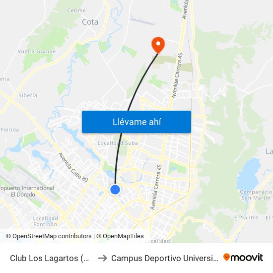 Club Los Lagartos (Av. Boyacá - Cl 96a) (A) to Campus Deportivo Universidad Santo Tomás De Aquino map