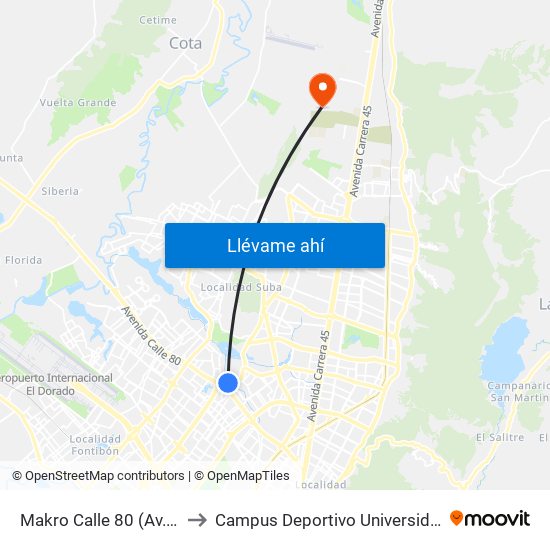 Makro Calle 80 (Av. Boyacá - Ac 80) (A) to Campus Deportivo Universidad Santo Tomás De Aquino map