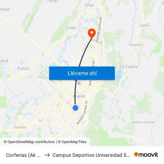 Corferias (Ak 40 - Cl 24a) to Campus Deportivo Universidad Santo Tomás De Aquino map