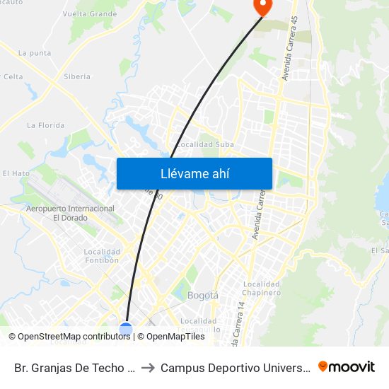 Br. Granjas De Techo (Av. Centenario - Kr 65) to Campus Deportivo Universidad Santo Tomás De Aquino map