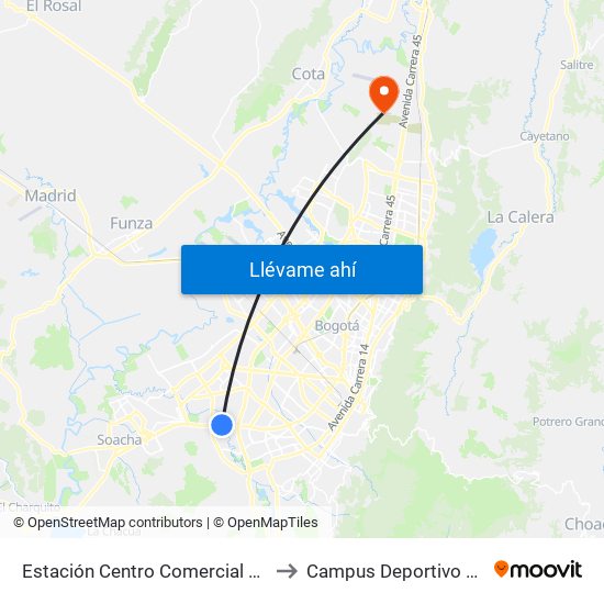 Estación Centro Comercial Paseo Villa Del Río - Madelena (Auto Sur - Kr 66a) to Campus Deportivo Universidad Santo Tomás De Aquino map