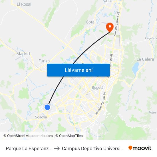 Parque La Esperanza (Kr 80j - Cl 75 Sur) to Campus Deportivo Universidad Santo Tomás De Aquino map