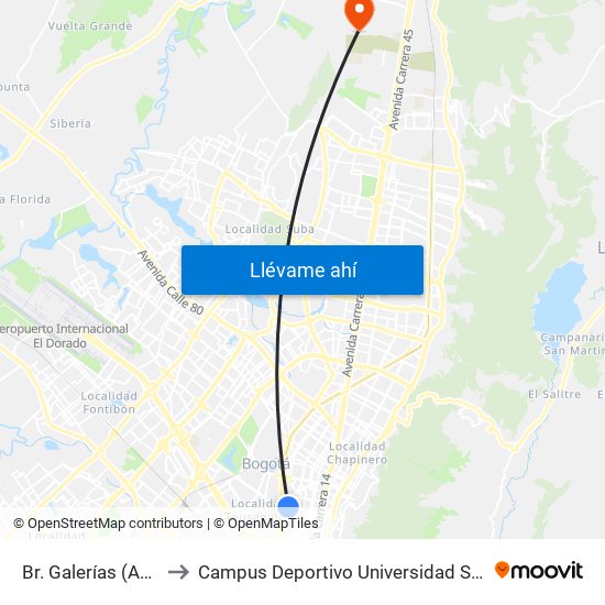 Br. Galerías (Ac 53 - Kr 28) to Campus Deportivo Universidad Santo Tomás De Aquino map