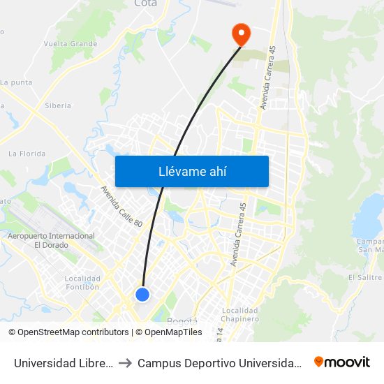 Universidad Libre (Ak 70 - Cl 54) to Campus Deportivo Universidad Santo Tomás De Aquino map