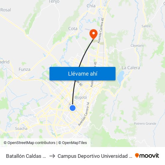 Batallón Caldas (Ak 50 - Cl 19) to Campus Deportivo Universidad Santo Tomás De Aquino map