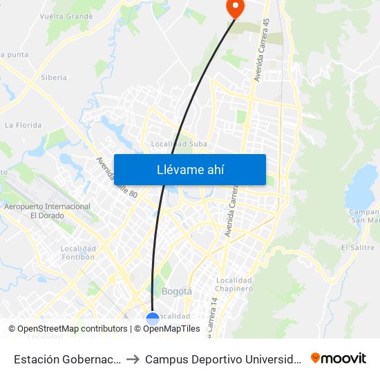 Estación Gobernación (Ac 26 - Kr 54) to Campus Deportivo Universidad Santo Tomás De Aquino map