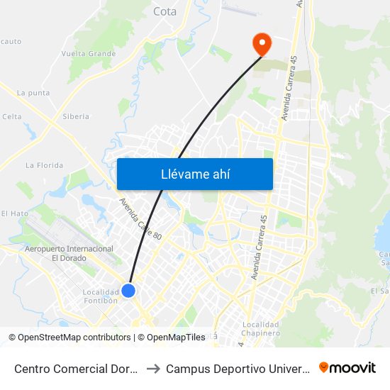 Centro Comercial Dorado Plaza (Ac 26 - Kr 85d) to Campus Deportivo Universidad Santo Tomás De Aquino map