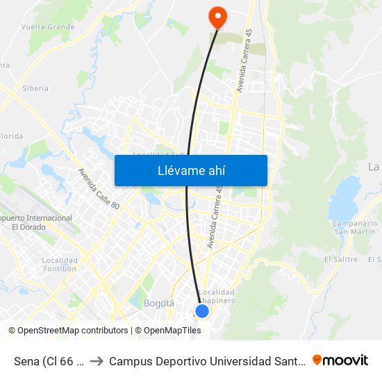 Sena (Cl 66 - Ak 11) to Campus Deportivo Universidad Santo Tomás De Aquino map