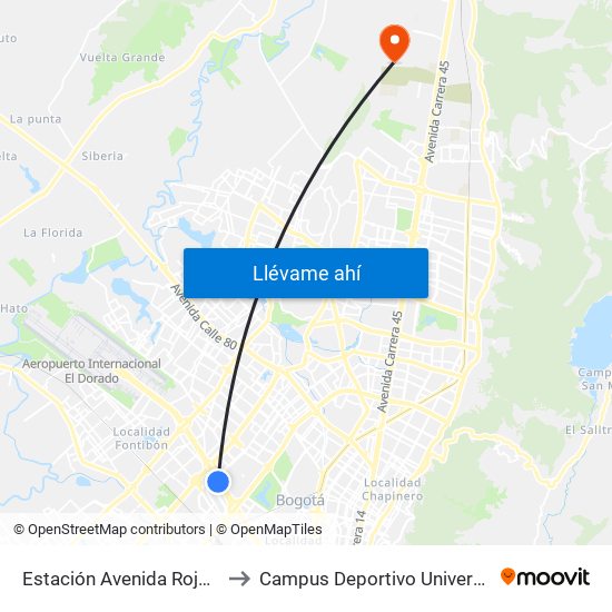 Estación Avenida Rojas (Ac 26 - Kr 69d Bis) (A) to Campus Deportivo Universidad Santo Tomás De Aquino map