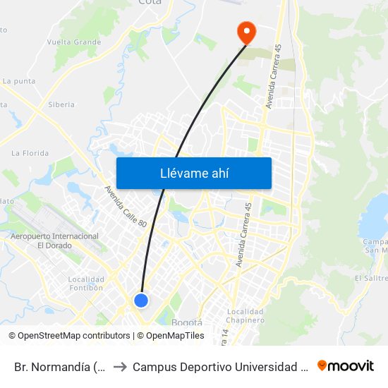 Br. Normandía (Ak 70 - Cl 51) to Campus Deportivo Universidad Santo Tomás De Aquino map