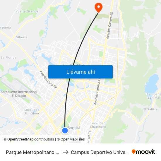 Parque Metropolitano Simón Bolívar (Ac 53 - Ak 60) to Campus Deportivo Universidad Santo Tomás De Aquino map