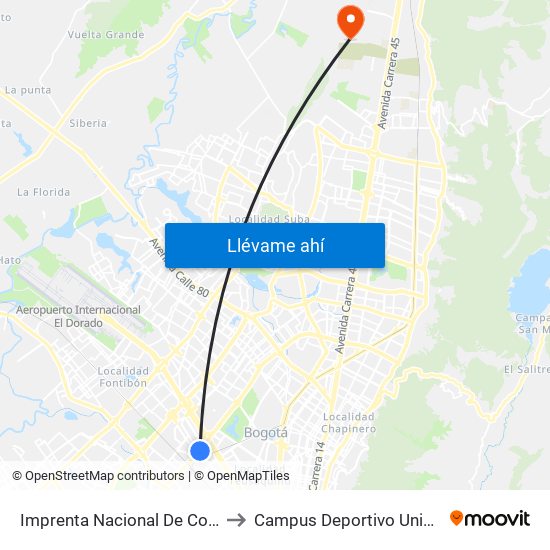 Imprenta Nacional De Colombia (Ak 68 - Av. Esperanza) (A) to Campus Deportivo Universidad Santo Tomás De Aquino map